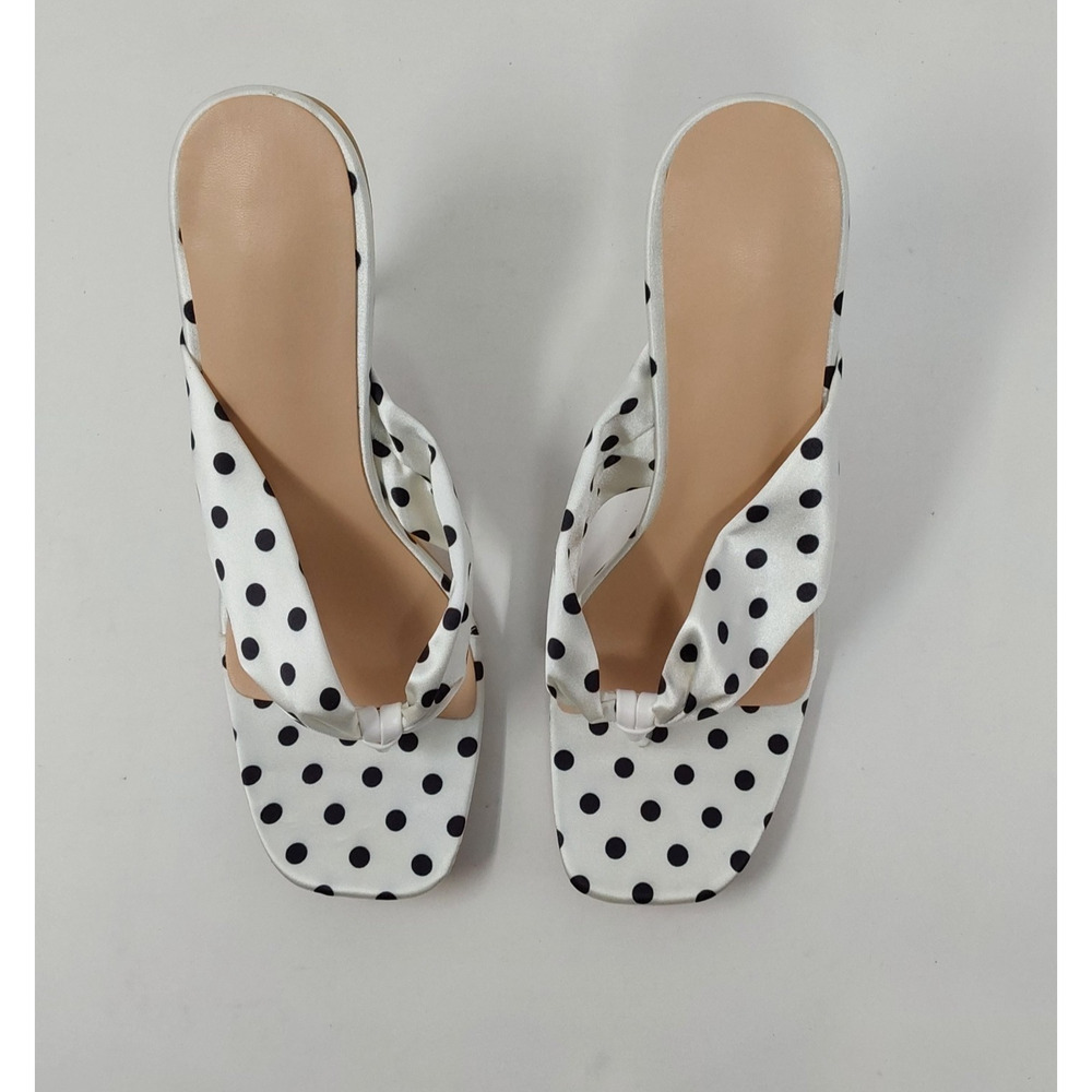 Womens Size 44 White Black Polka Dot Satin Stiletto Mule Heels Square Toe - Picture 4 of 6